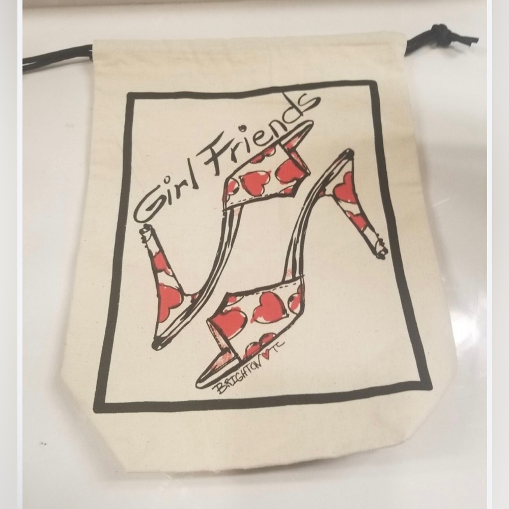 Brighton Cream Canvas Drawstring dust bag with Red Heart Shoe Motif